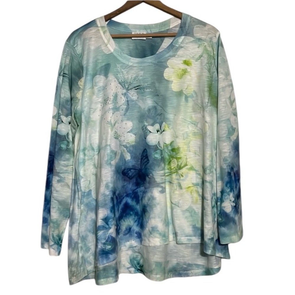 Time and Tru Long Sleeve Top Floral Blue Green Embellished Size XL